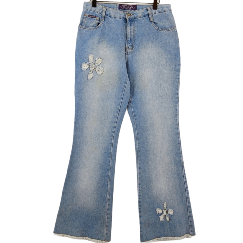 Vintage Y2K 90s Floral Light Wash Boho Coastal Hippie Flared Jeans Zana Di